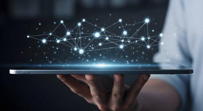 A person holding a tablet displaying a glowing digital network of interconnected nodes and lines