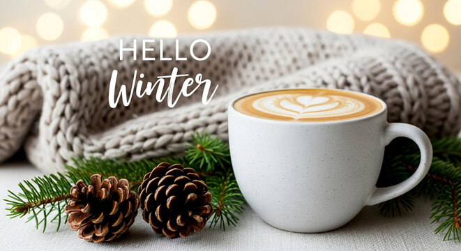 Cozy winter vibes with latte art, pinecones, and knit blanket perfect for seasonal promotions