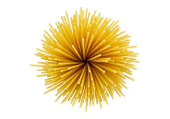 Dry, uncooked, golden yellow spaghetti noodles arranged in a circular starburst pattern, overhead flat lay on a transparent background with copy space left, Italian food ingredient concept