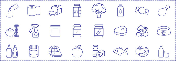 Grocery food and product categories line icon set. Fruits, meat, pasta and beverages. Vector illustration pictograms of snacks, sauces, candy, editable stroke. vector eps file