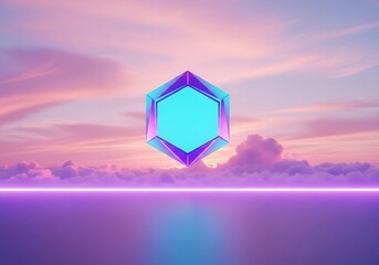 Iridescent Hexagon Frame Floating in Pastel Sky Dreamscape Composition