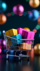 A shopping cart is filled with brightly colored presents on the black background. Vertical poster