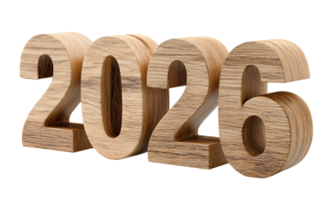 3 D Wooden Numbers 2026 isolated on a transparent background 3
