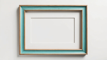 Turquoise picture frame. Abstract mockup. Wooden picture frame on white wall