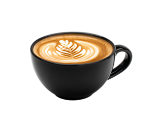 Black coffee cup latte art isolated on a transparent background