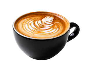 Black coffee cup with latte art isolated on a transparent background