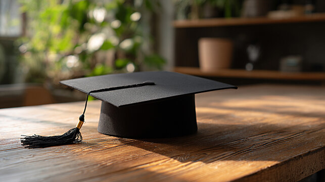 Ultra realistic shot of a single black graduation cap resting on a wooden table, surrounded by soft natural light, symbolizing achievement and academic success