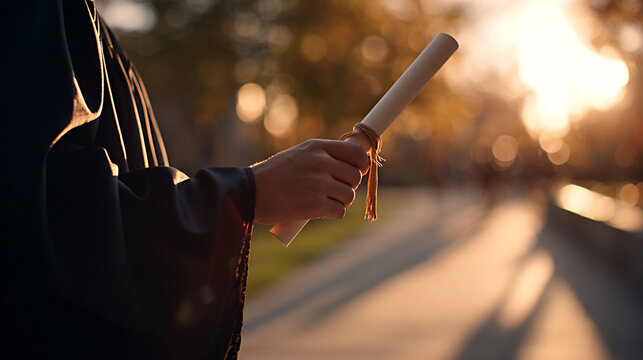 Graduate in black robe holds diploma proudly in hand, basking in warm sunset glow, symbolizing achievement and new beginnings in academic journey