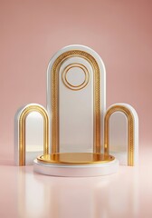 Luxurious display platform showcasing ornate golden arches, for product showcase