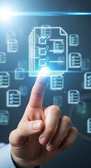 Obraz premium Finger touches digital screen with checklist documents for workflow.