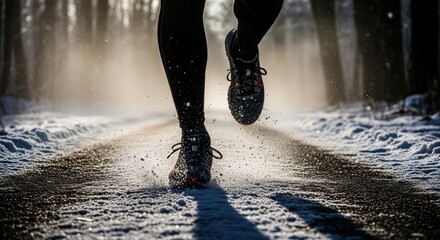 Athlete in motion running through a snowy forest trail splashes of snow sparkle in sunlight