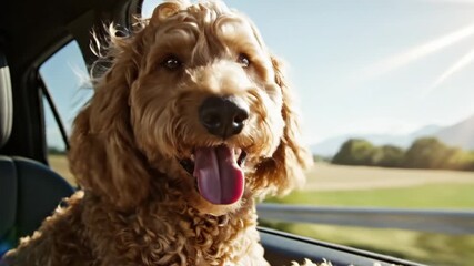 Happy goldendoodle in a car ears flapping tongue out bright sunlight and blurry landscape visible