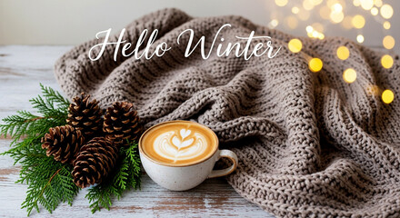 Enjoy a cozy winter moment with rich latte art, warm blanket, and pine cones for a seasonal holiday mood