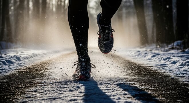 Athlete in motion running through a snowy forest trail splashes of snow sparkle in sunlight - Powered by Adobe
