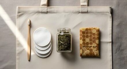 Zero Waste Essentials. Sustainable Eco-Friendly Lifestyle Products Flat Lay.