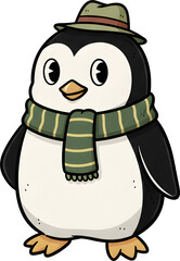 Penguin wearing hat and scarf winter animal character ideal for holiday greeting cards cold weather clothing ads and arctic wildlife education posters designs.