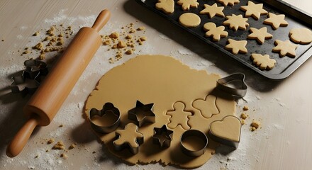 Rolling Pin and Metal Cutters on Fresh Cookie Dough