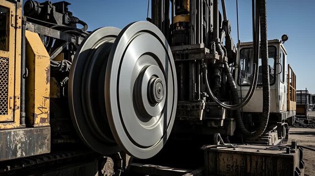 Heavy Drilling Machine Rotating Large Steel Pulley in Industrial Outdoor Setting