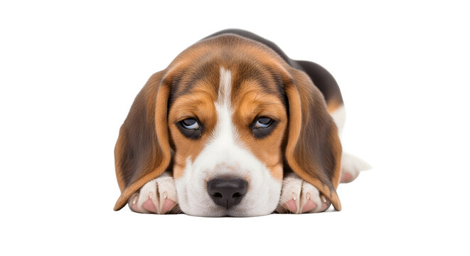 Sad Beagle Puppy Lying Down with Big Eyes.