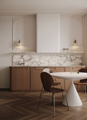 Stylish kitchen and dining space featuring warm wood cabinetry, marble backsplash, and modern lighting.