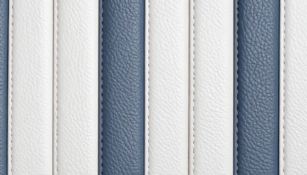 A detailed close-up of vintage-style blue and white vertically striped and stitched leather upholstery, creating a retro textured background