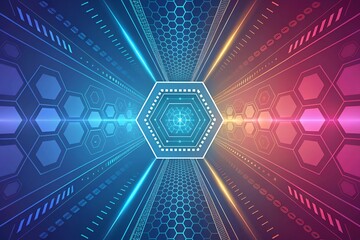 Futuristic hexagonal tunnel with neon blue and pink lights