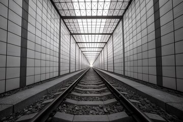 Black and white perspective of a long train tunnel with tracks