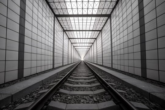Black and white perspective of a long train tunnel with tracks