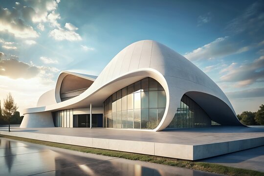 Futuristic organic architecture building with reflective pool - Powered by Adobe