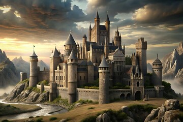 Majestic fantasy castle perched on a rocky outcropping