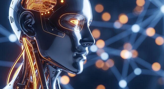 Futuristic female robot head with internal technology and abstract background