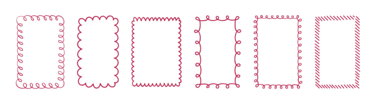Hand drawn pink doodle borders set for greeting cards and invitations in cute whimsical style on transparent background