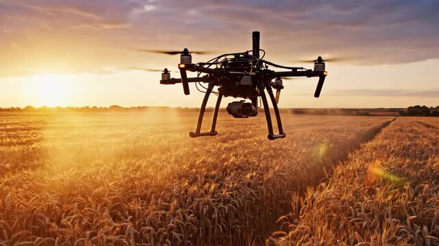 Agricultural drone spraying crops in a golden wheat field at sunset, high-tech farming technology concept