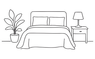 Minimalist bedroom line art illustration with bed, plant, and lamp