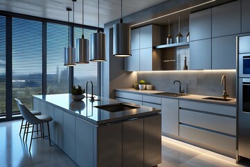 Modern luxury kitchen with island and city view