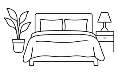 Simple line art illustration of a cozy bedroom setup with furniture
