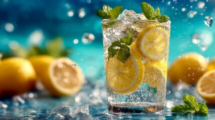 Refreshing sparkling lemonade with mint and lemon slices surrounded by fresh lemons and ice on a vibrant blue background
