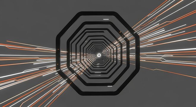 Octagonal futuristic tunnel with illuminated streaks towards a bright light