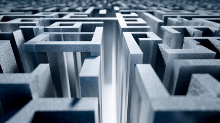 Intricate maze design with metallic structures creating a sense of depth and complexity in a modern architectural style