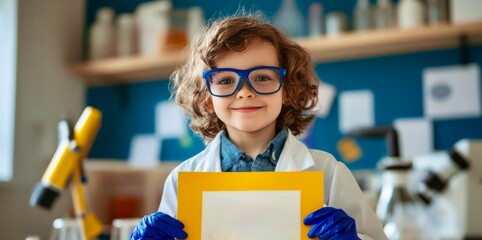 Young scientist proudly displays experiment results in a bright lab filled with equipment and tools for scientific exploration