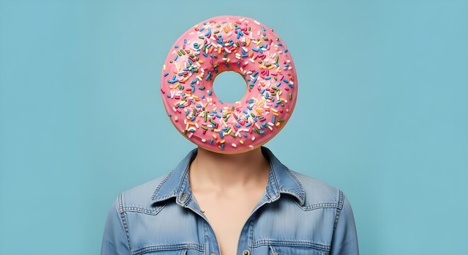 A surreal and whimsical portrait of a faceless person with a colorful sprinkled doughnut replacing the head, set against a clean pastel blue background — creative conceptual artwork ideal 