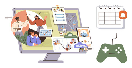 Office team discussion, project workflows, online communication, scheduling app, digital charts, tasks, video calls, and gaming. Ideal for teamwork remote work productivity gaming management