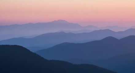 Obraz premium Serene Mountain Range Silhouette at Sunset: Pastel Hues and Layers