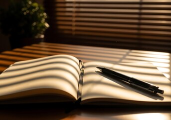 Open notebook illuminated by sunlight through blinds, ready for writing