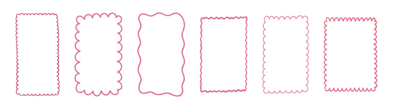 Hand drawn whimsical and vintage borders for greeting cards, wedding and birthday invitations. Wavy doodle frames in cute coquette coastal style on transparent background.