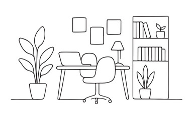 Minimalist line art illustration of a productive home office.