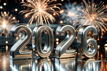 Shiny silver 2026 numbers celebrate with fireworks