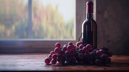 Bottle of Red Wine with Purple Grapes on Wooden Table Near Window in Cozy Setting
