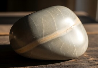 Polished river stone showcasing subtle hues on rustic wooden surface