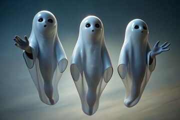 Three spooky ghosts floating together in the dark